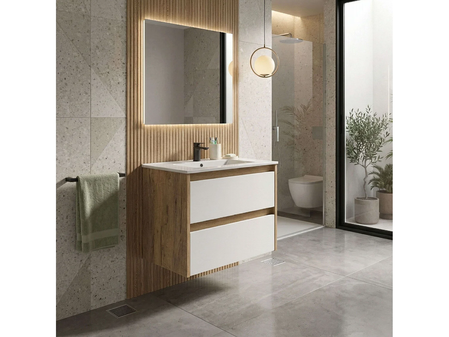 Mueble baño suspendido Nilo 60 2 cajones blanco roble kraft 59,5x60x45,5cm