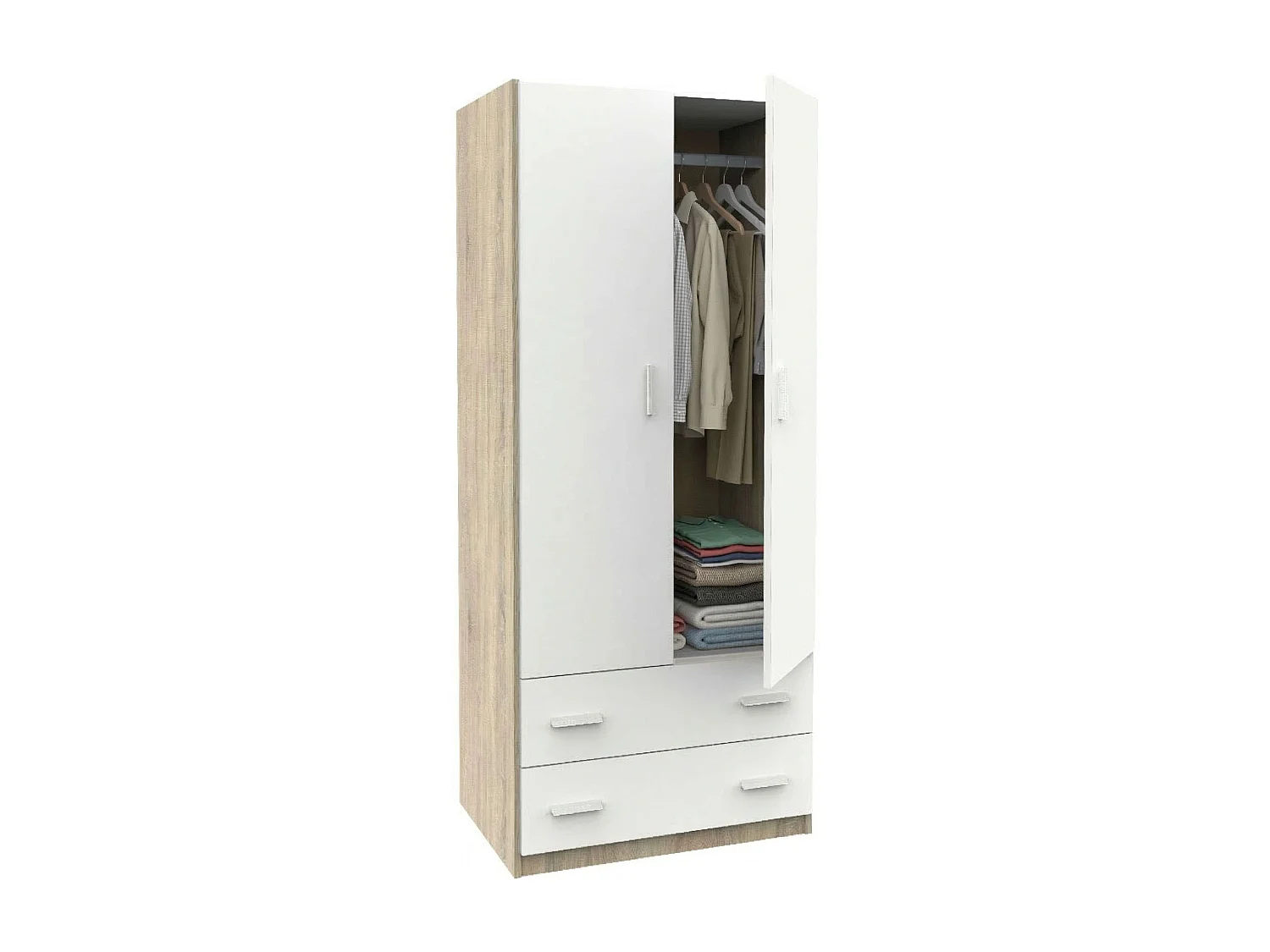 Guarda-roupa com 2 portas, 2 gavetas, carvalho Cambriano, branco fosco, varão para pendurar roupas, 180x74x50 cm