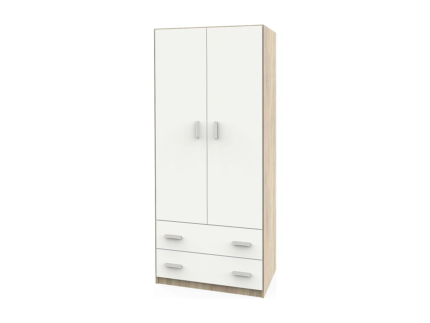 Guarda-roupa com 2 portas, 2 gavetas, carvalho Cambriano, branco fosco, varão para pendurar roupas, 180x74x50 cm