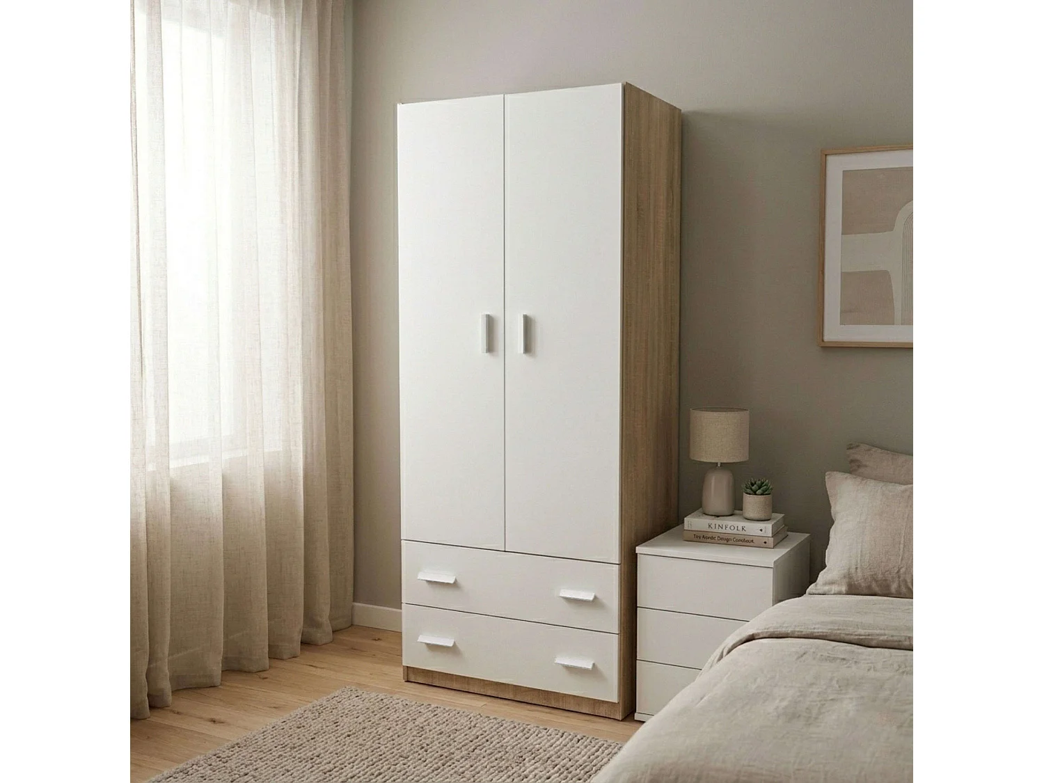 Guarda-roupa com 2 portas, 2 gavetas, carvalho Cambriano, branco fosco, varão para pendurar roupas, 180x74x50 cm