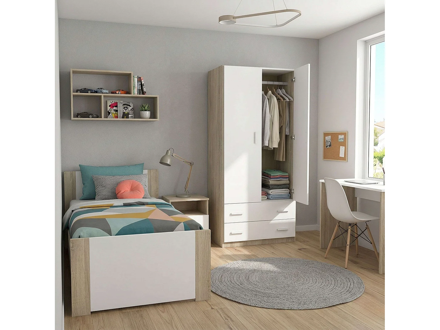 Guarda-roupa com 2 portas, 2 gavetas, carvalho Cambriano, branco fosco, varão para pendurar roupas, 180x74x50 cm