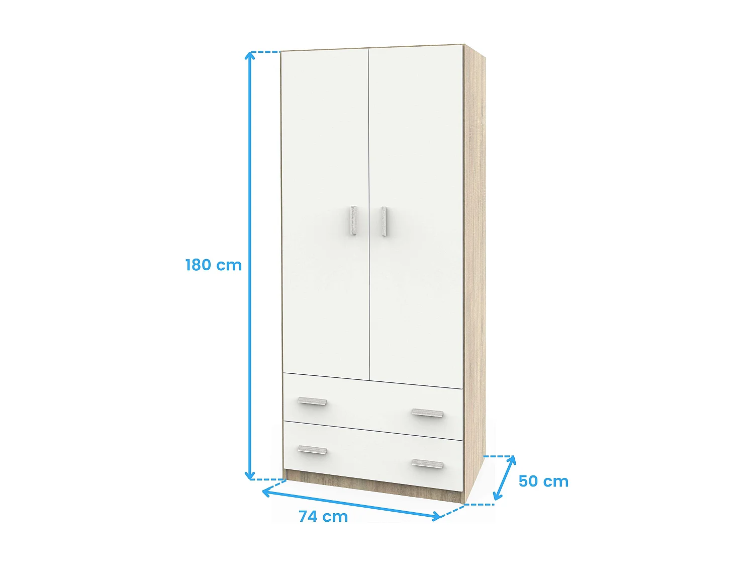 Guarda-roupa com 2 portas, 2 gavetas, carvalho Cambriano, branco fosco, varão para pendurar roupas, 180x74x50 cm