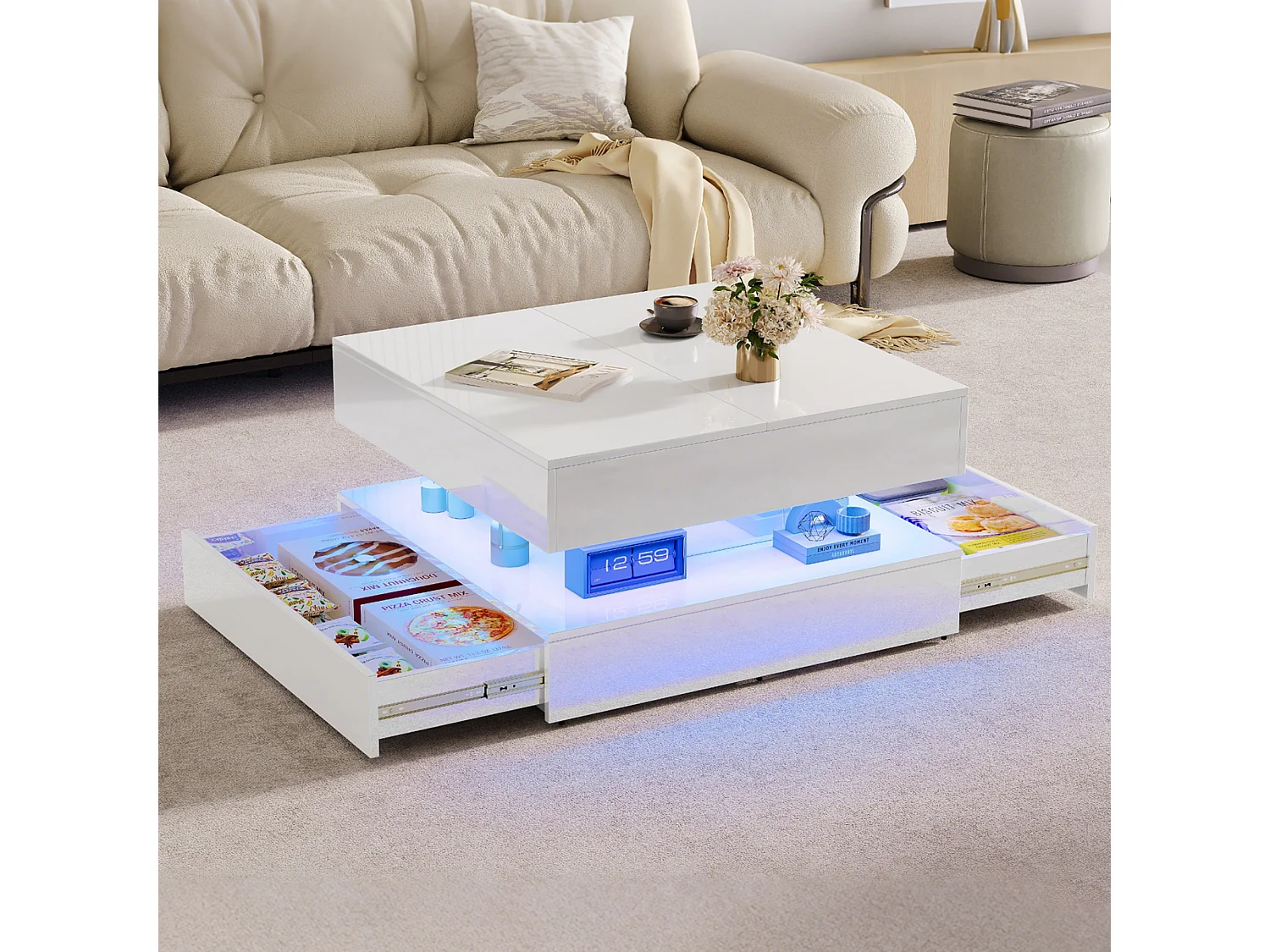Table basse avec éclairage LED - tiroirs et rangement dissimulé - 78 x 78 x 43 cm - blanc