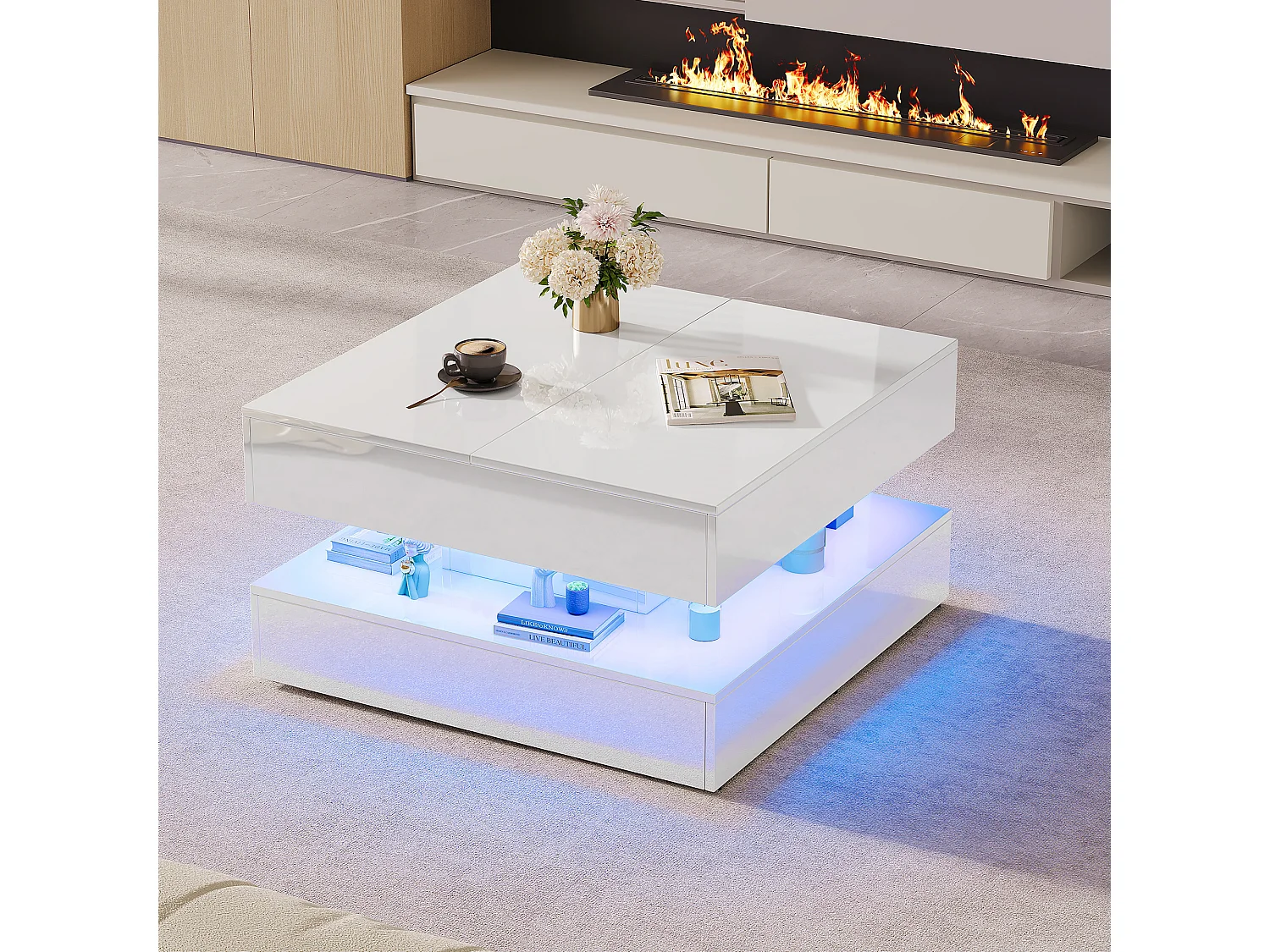 Table basse avec éclairage LED - tiroirs et rangement dissimulé - 78 x 78 x 43 cm - blanc