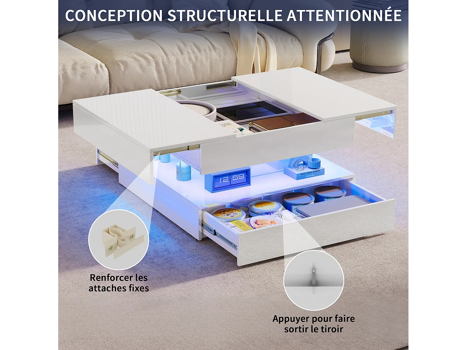 Table basse avec éclairage LED - tiroirs et rangement dissimulé - 78 x 78 x 43 cm - blanc