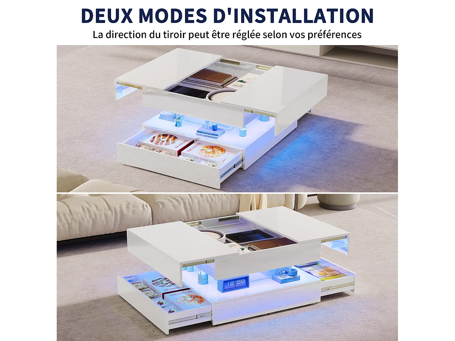 Table basse avec éclairage LED - tiroirs et rangement dissimulé - 78 x 78 x 43 cm - blanc