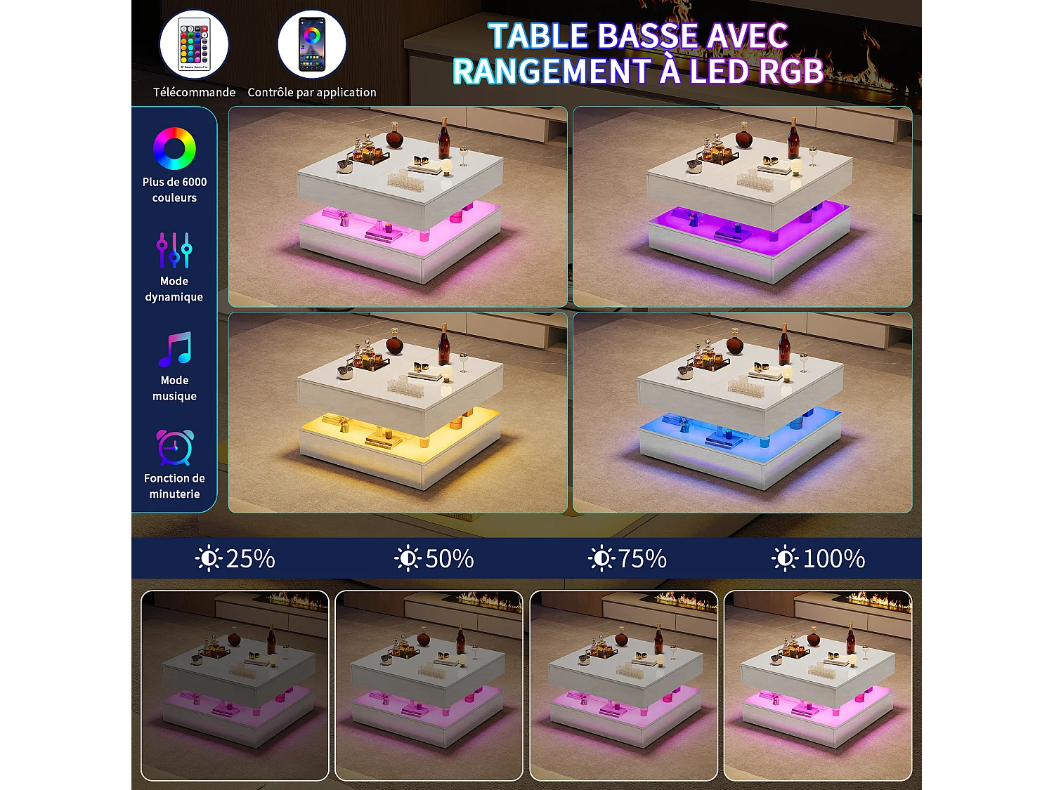 Table basse avec éclairage LED - tiroirs et rangement dissimulé - 78 x 78 x 43 cm - blanc