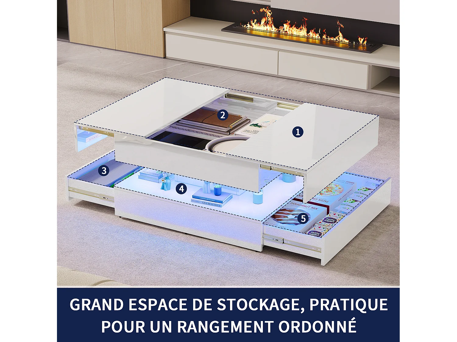 Table basse avec éclairage LED - tiroirs et rangement dissimulé - 78 x 78 x 43 cm - blanc