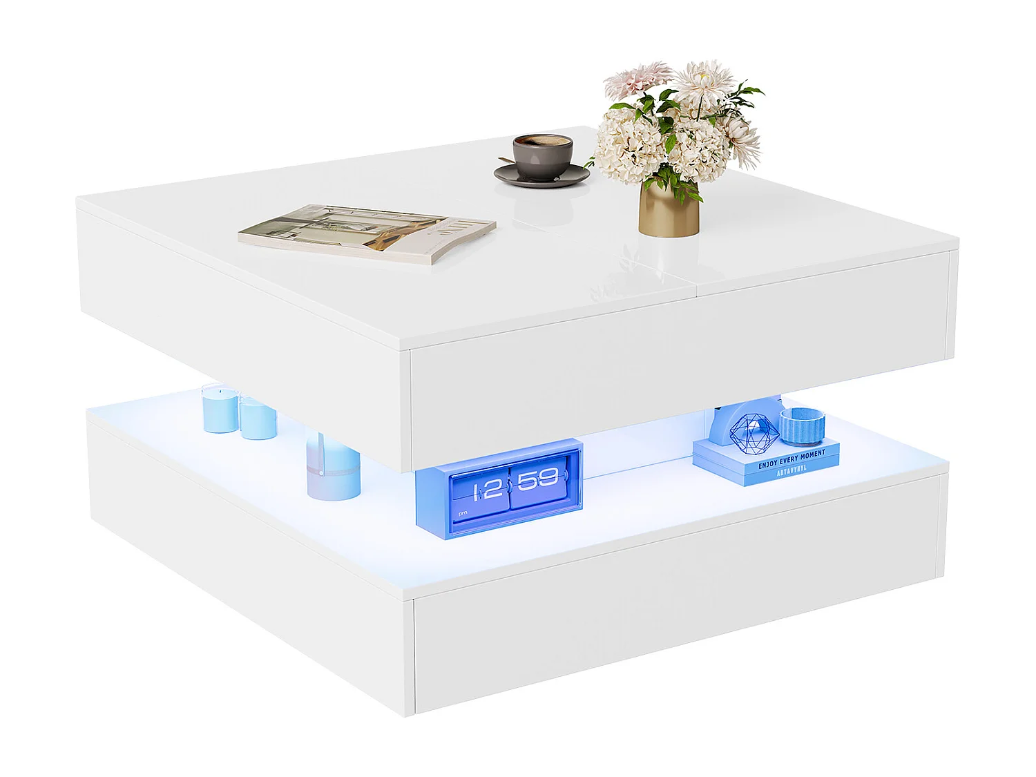 Table basse avec éclairage LED - tiroirs et rangement dissimulé - 78 x 78 x 43 cm - blanc
