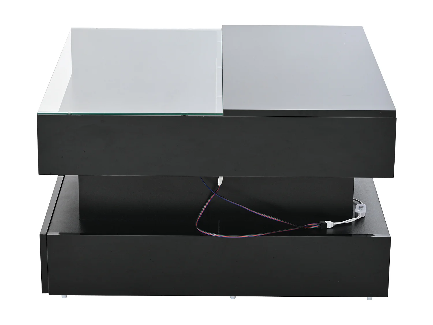 LED-Couchtisch mit anhebbbarer Tischplatte und 2 Schubladen, Tischplatte aus gehärtetem Glas - schwarz