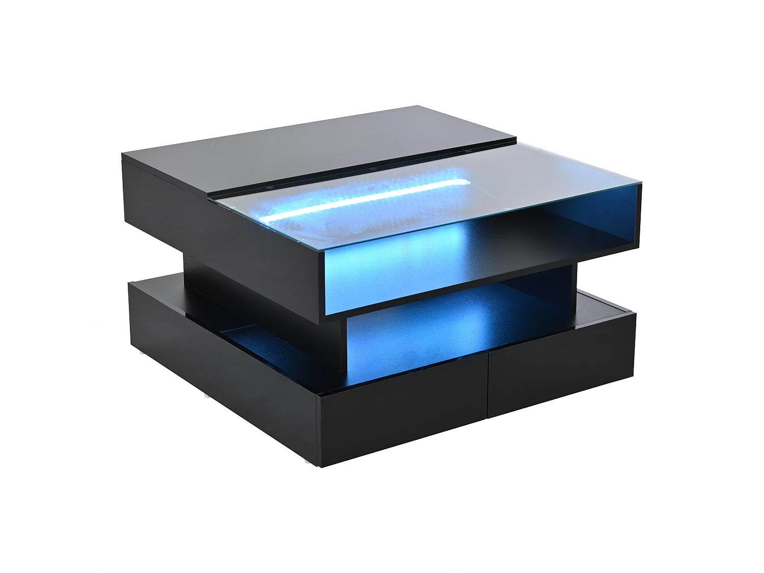 LED-Couchtisch mit anhebbbarer Tischplatte und 2 Schubladen, Tischplatte aus gehärtetem Glas - schwarz