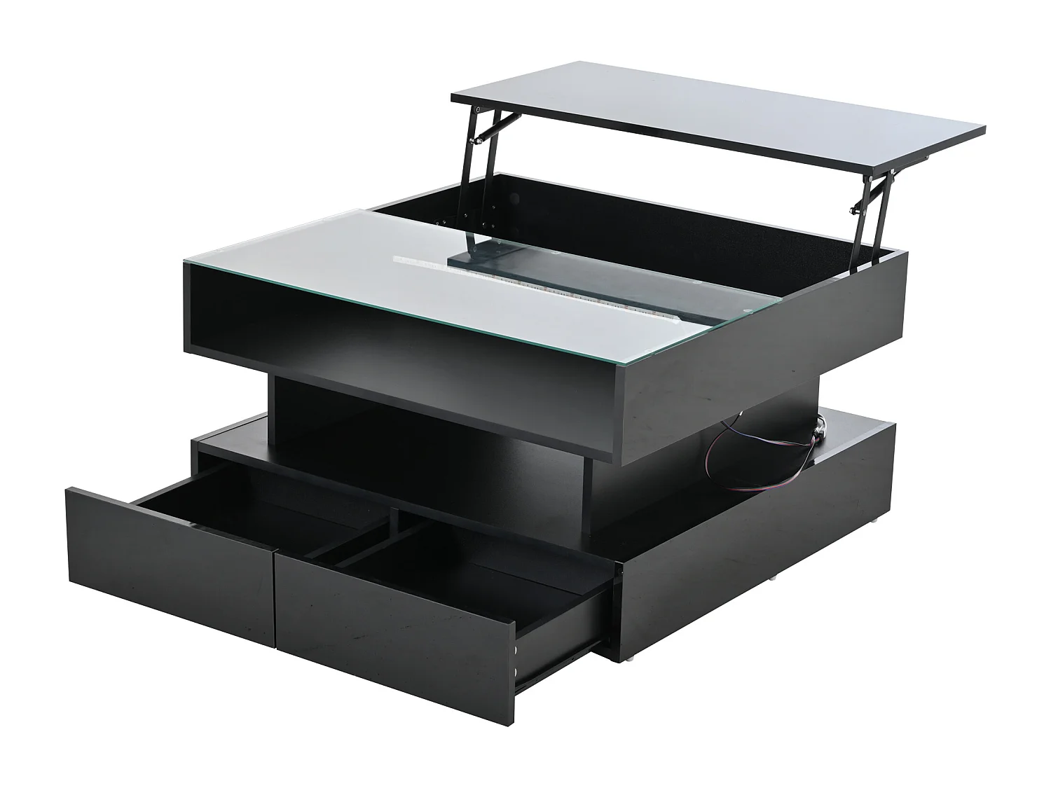 LED-Couchtisch mit anhebbbarer Tischplatte und 2 Schubladen, Tischplatte aus gehärtetem Glas - schwarz