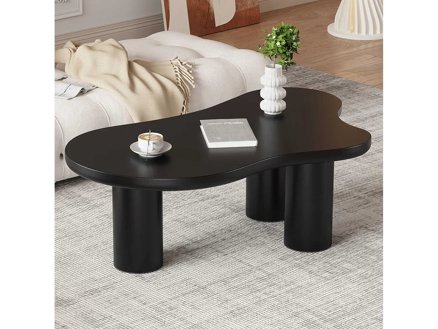 Unregelmäßiger Couchtisch in Wolkenform – 107 x 66,5 x 40,5 cm – MDF-Platte und PVC-Beine - Schwarz