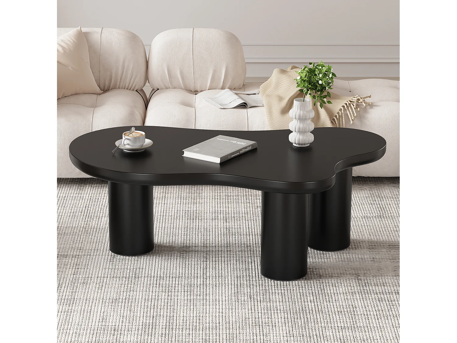 Unregelmäßiger Couchtisch in Wolkenform – 107 x 66,5 x 40,5 cm – MDF-Platte und PVC-Beine - Schwarz