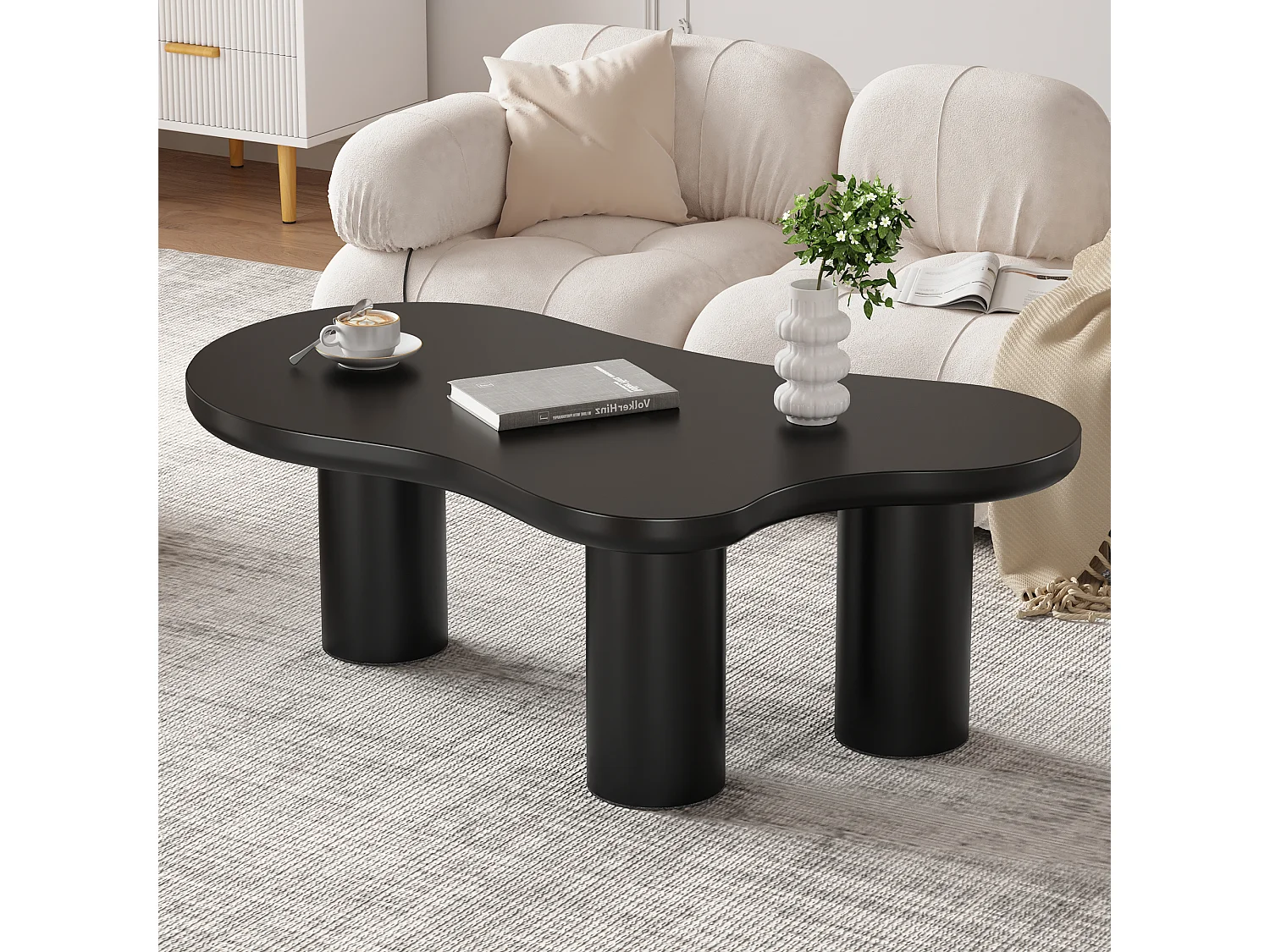 Unregelmäßiger Couchtisch in Wolkenform – 107 x 66,5 x 40,5 cm – MDF-Platte und PVC-Beine - Schwarz