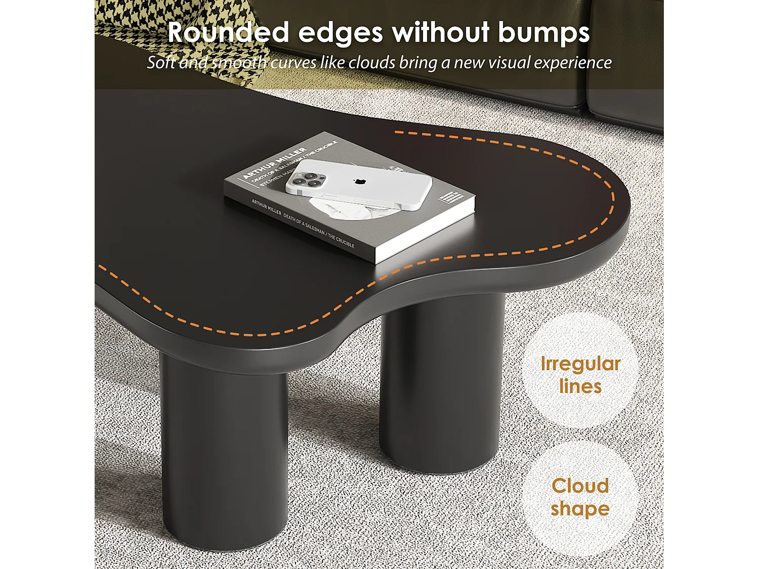 Unregelmäßiger Couchtisch in Wolkenform – 107 x 66,5 x 40,5 cm – MDF-Platte und PVC-Beine - Schwarz