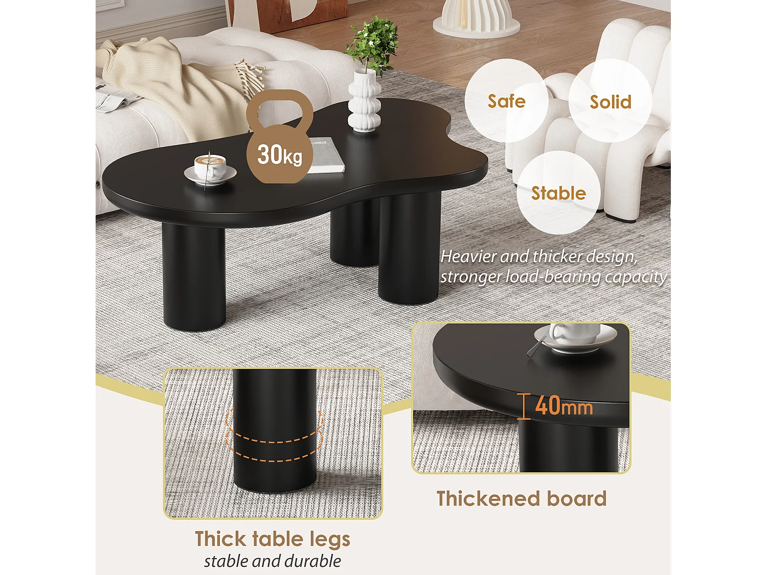 Unregelmäßiger Couchtisch in Wolkenform – 107 x 66,5 x 40,5 cm – MDF-Platte und PVC-Beine - Schwarz