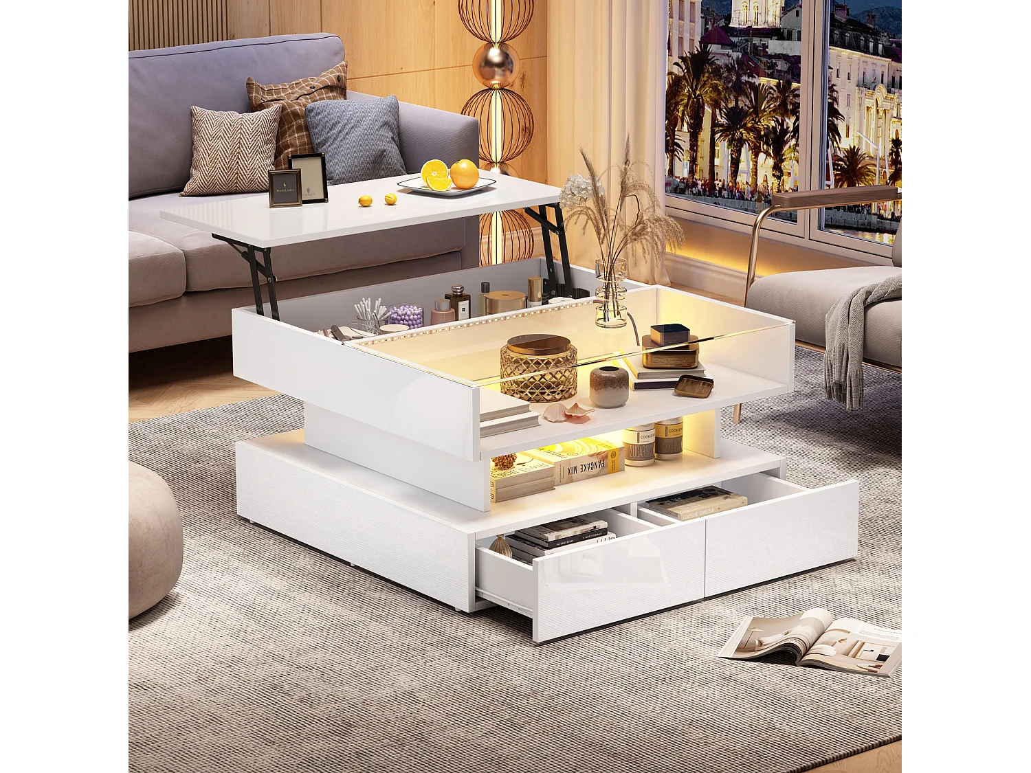 LED-Couchtisch mit anhebbbarer Tischplatte und 2 Schubladen, Tischplatte aus gehärtetem Glas - weiß