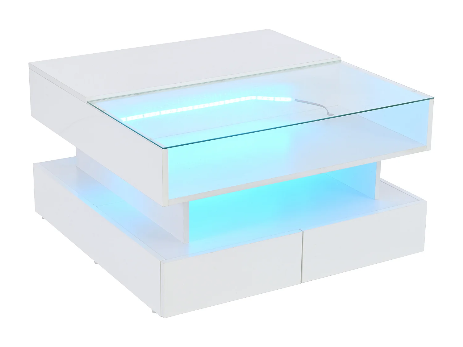 LED-Couchtisch mit anhebbbarer Tischplatte und 2 Schubladen, Tischplatte aus gehärtetem Glas - weiß