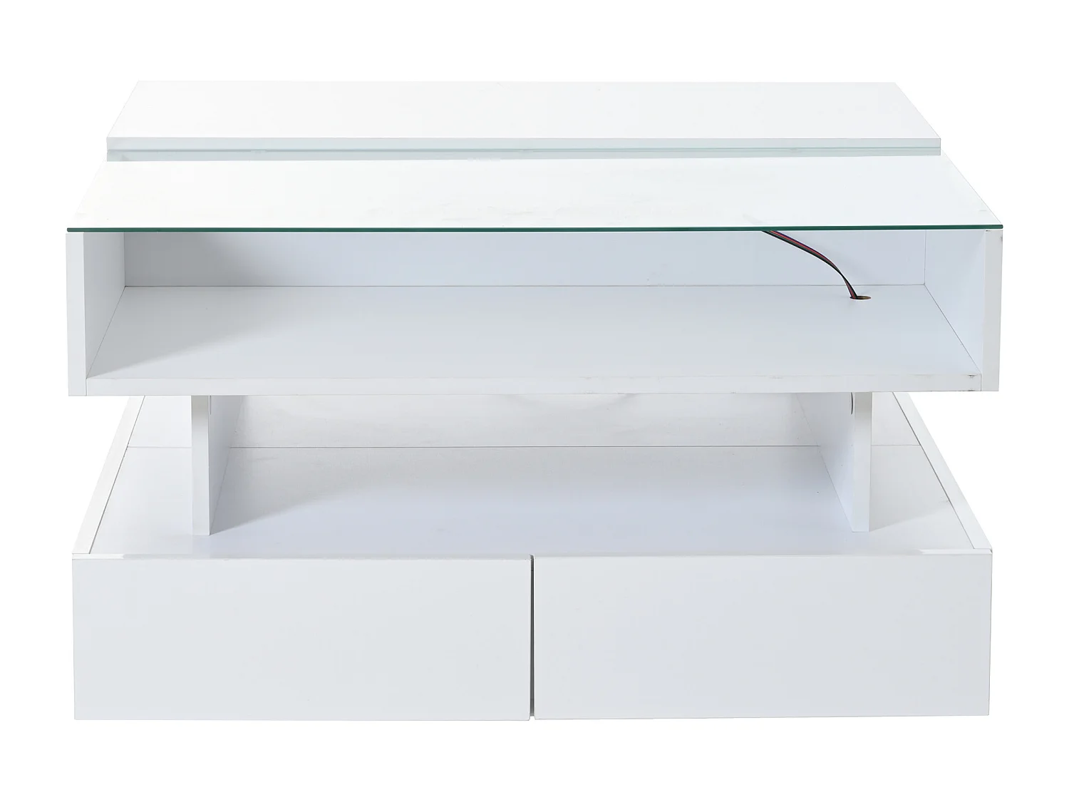 LED-Couchtisch mit anhebbbarer Tischplatte und 2 Schubladen, Tischplatte aus gehärtetem Glas - weiß