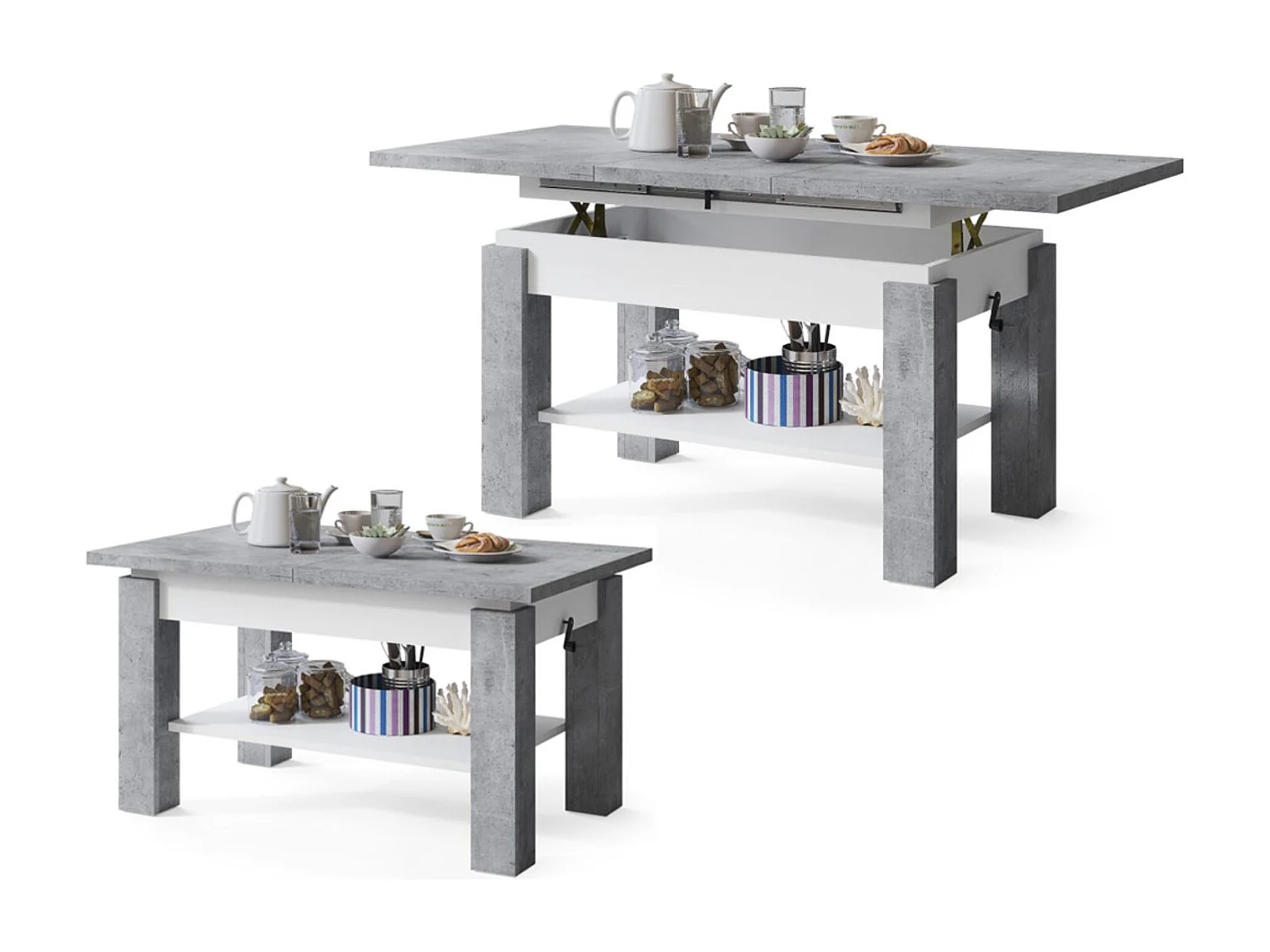 Table basse SIERRA relevable et extensible de 100 cm à 150 cm en blanc beton