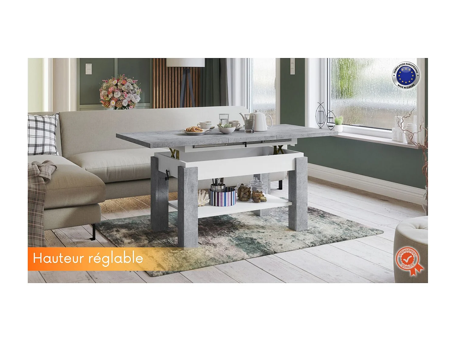 Table basse SIERRA relevable et extensible de 100 cm à 150 cm en blanc beton