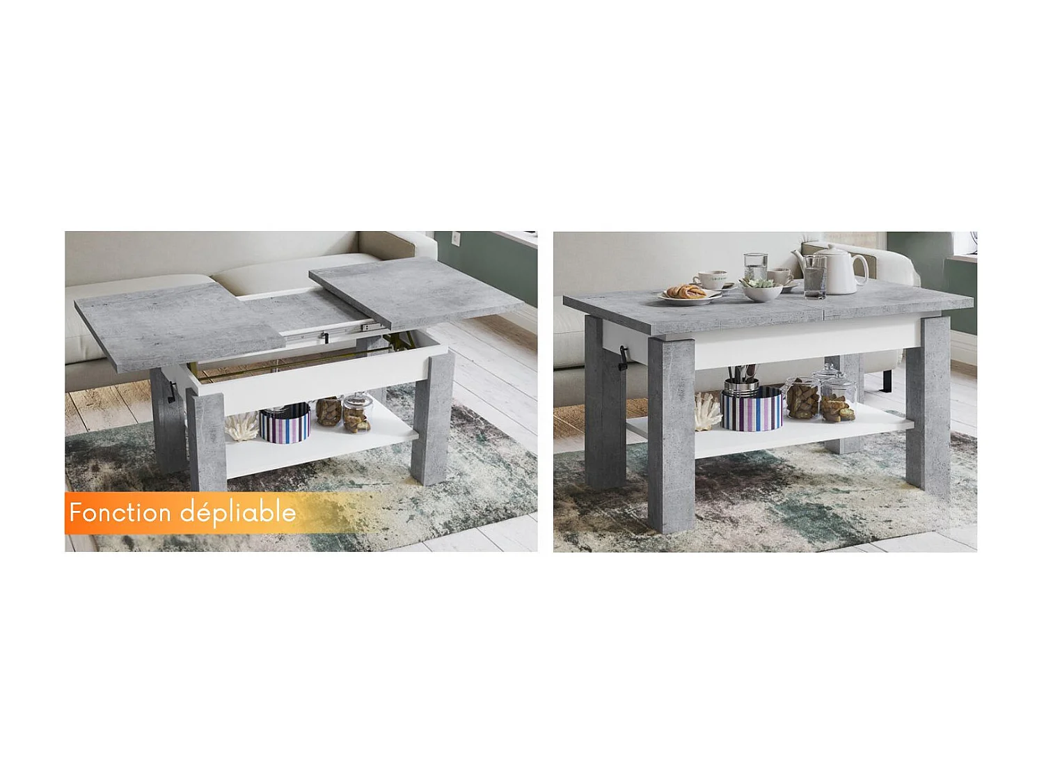 Table basse SIERRA relevable et extensible de 100 cm à 150 cm en blanc beton
