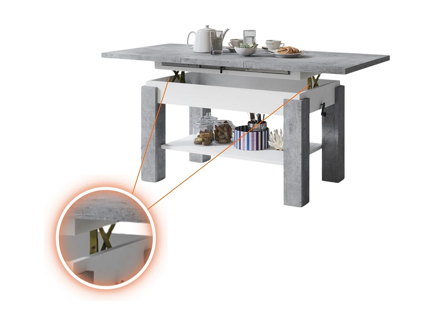 Table basse SIERRA relevable et extensible de 100 cm à 150 cm en blanc beton