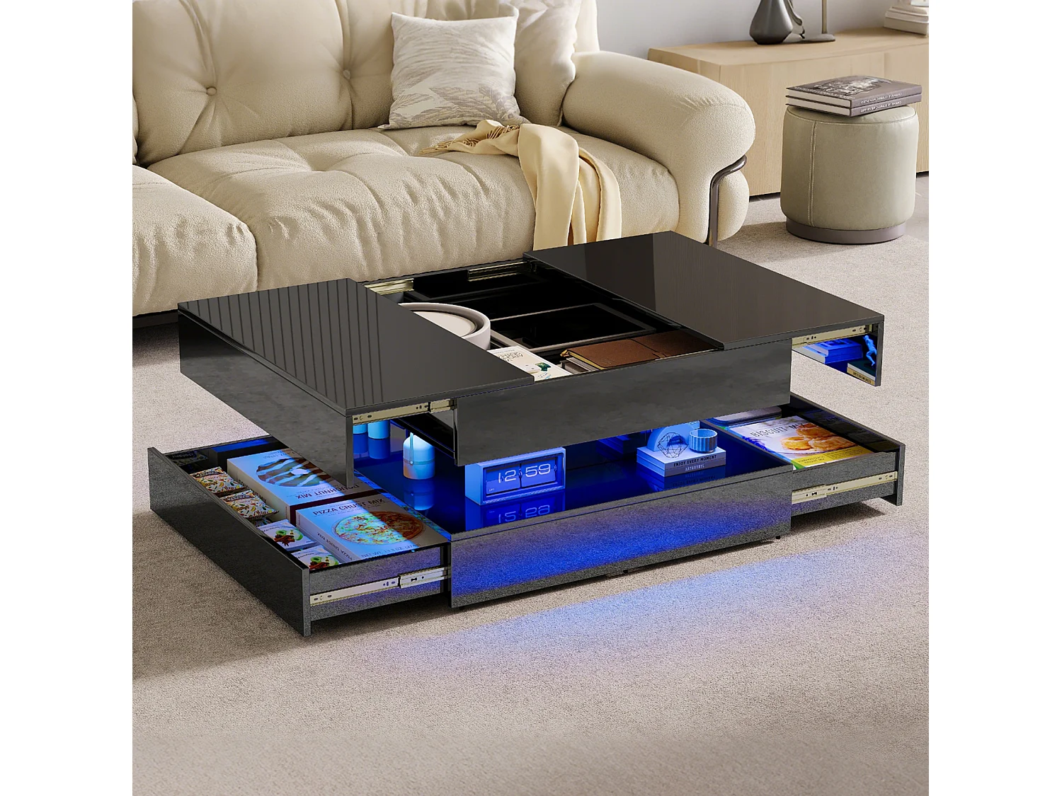 Table basse avec éclairage LED - tiroirs et rangement dissimulé - 78 x 78 x 43 cm - noir