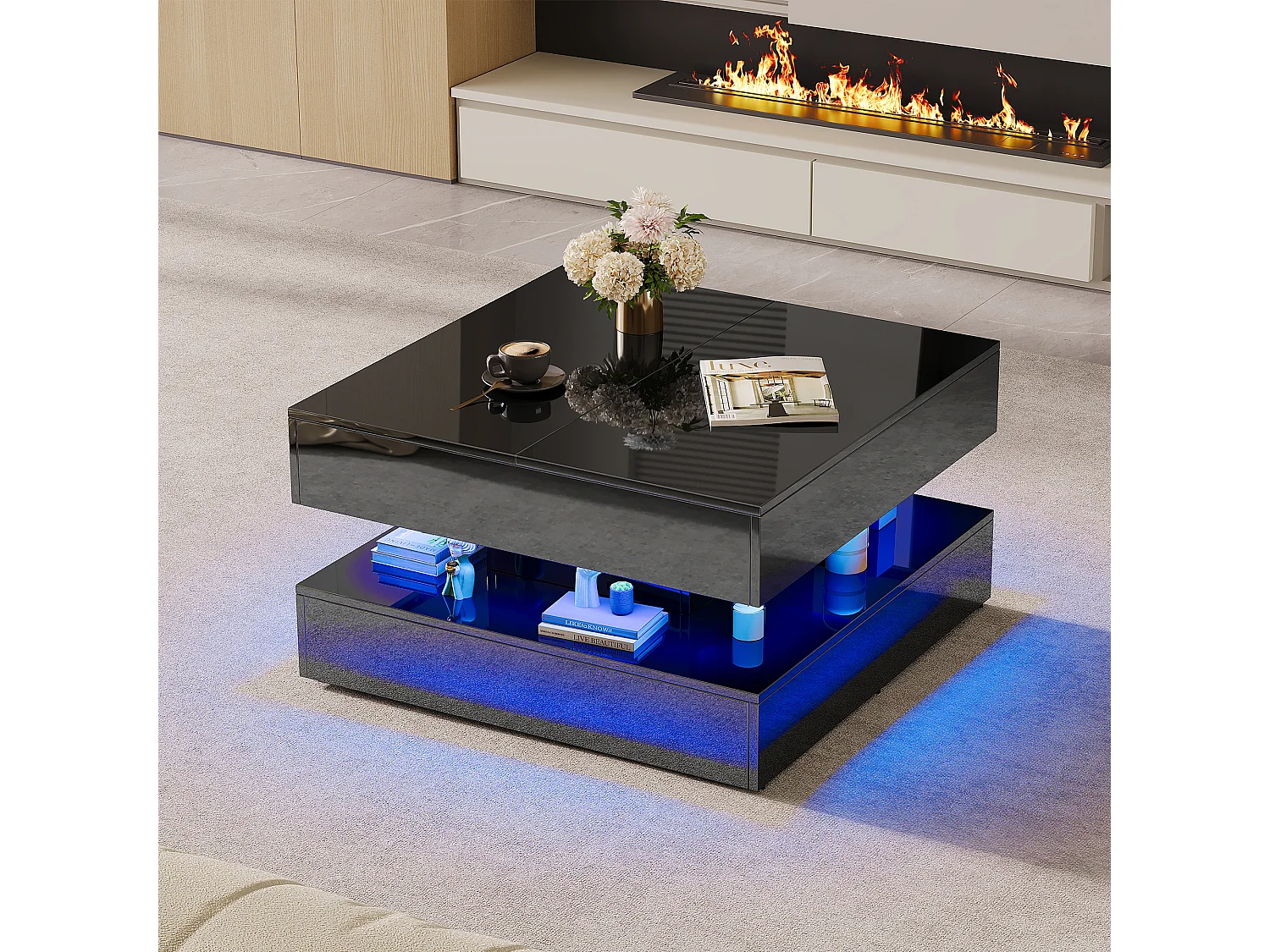 Table basse avec éclairage LED - tiroirs et rangement dissimulé - 78 x 78 x 43 cm - noir