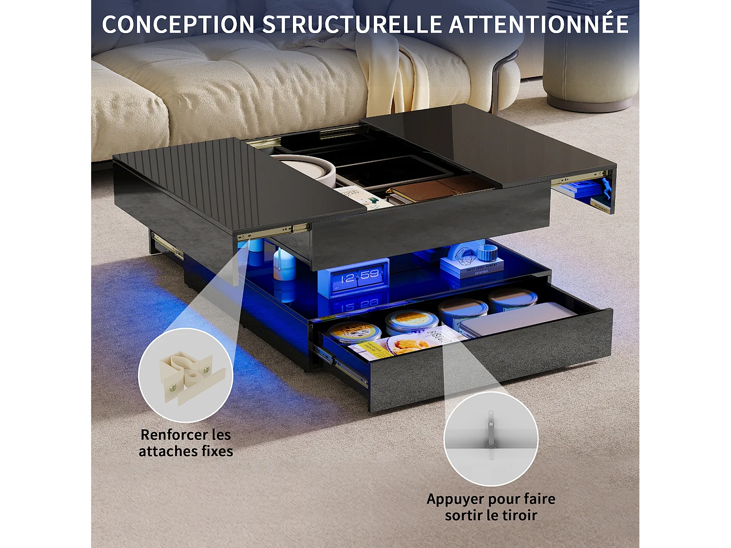 Table basse avec éclairage LED - tiroirs et rangement dissimulé - 78 x 78 x 43 cm - noir