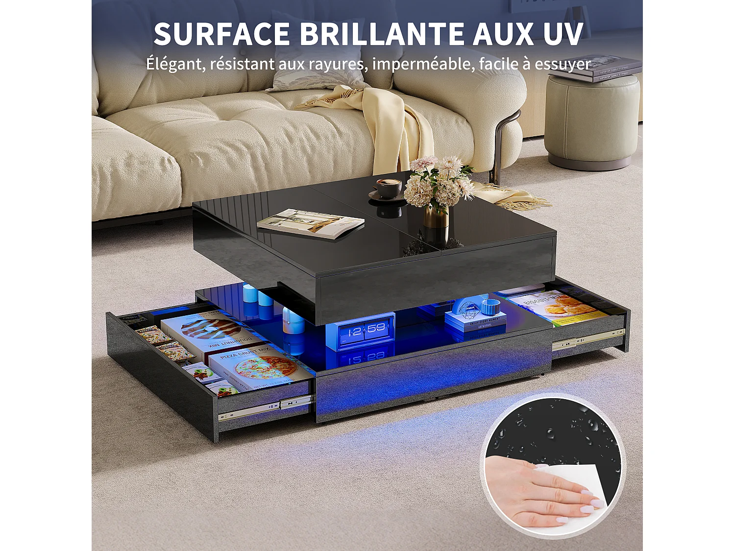 Table basse avec éclairage LED - tiroirs et rangement dissimulé - 78 x 78 x 43 cm - noir