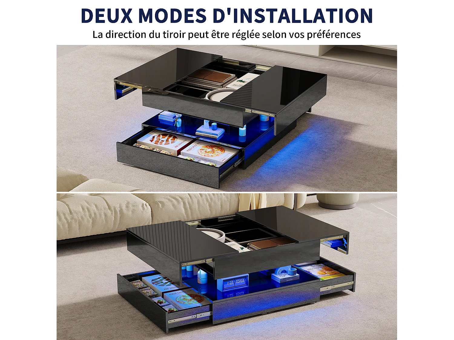 Table basse avec éclairage LED - tiroirs et rangement dissimulé - 78 x 78 x 43 cm - noir