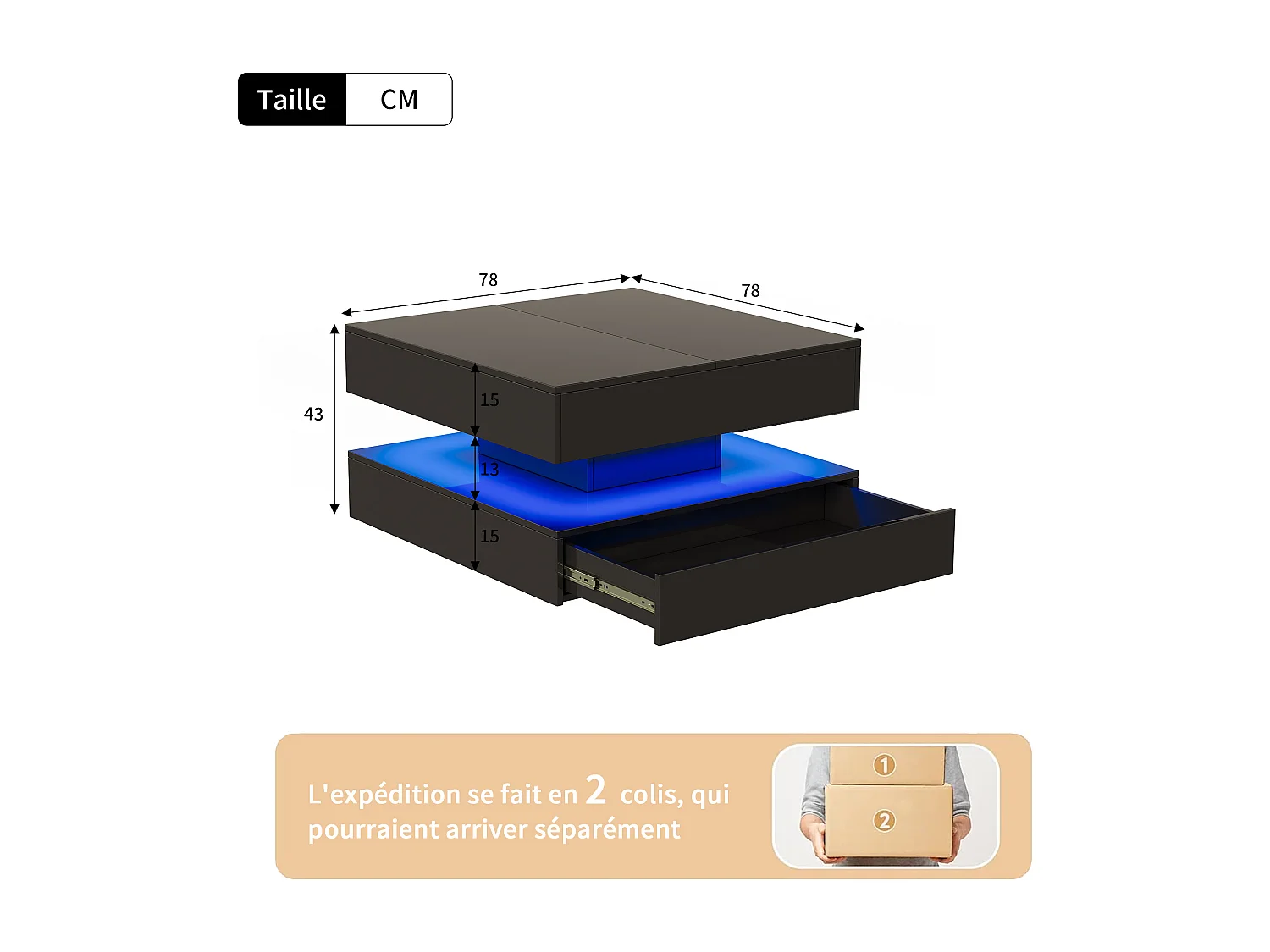 Table basse avec éclairage LED - tiroirs et rangement dissimulé - 78 x 78 x 43 cm - noir