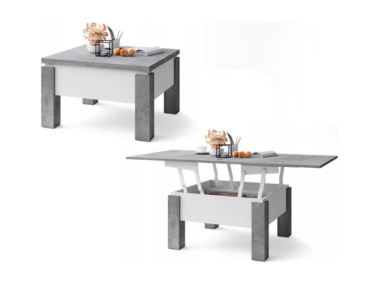 Table basse GOOSE relevable et extensible de 80 cm à 160 cm en beton et blanc