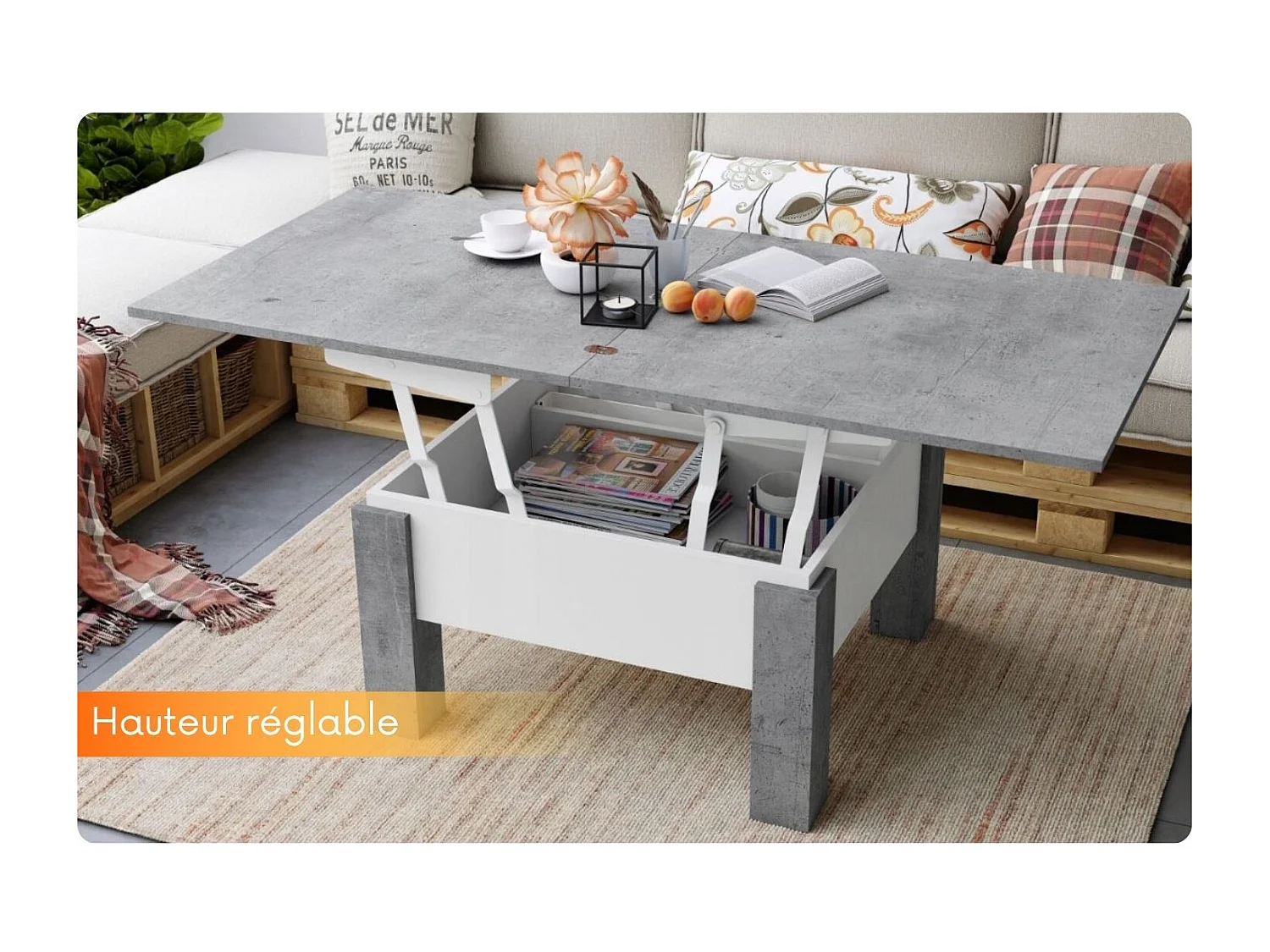 Table basse GOOSE relevable et extensible de 80 cm à 160 cm en beton et blanc