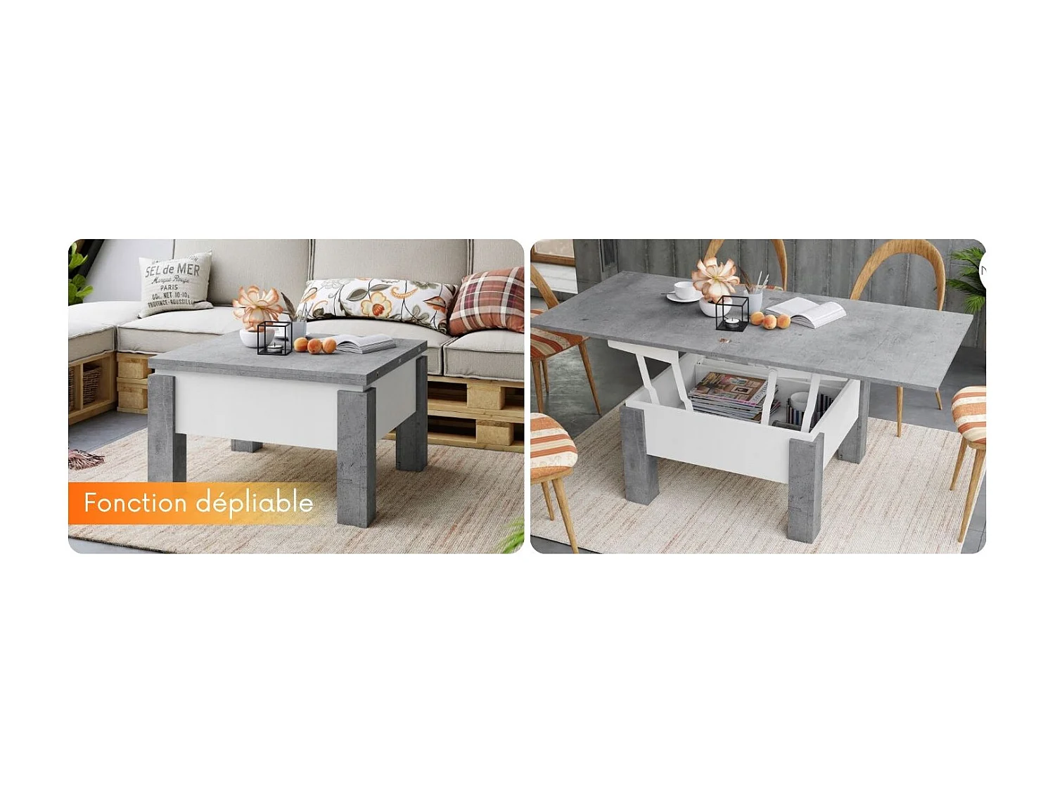 Table basse GOOSE relevable et extensible de 80 cm à 160 cm en beton et blanc