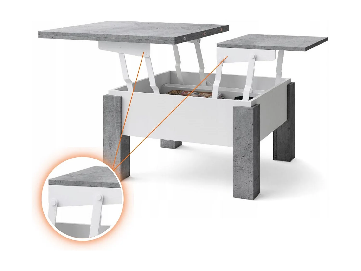 Table basse GOOSE relevable et extensible de 80 cm à 160 cm en beton et blanc