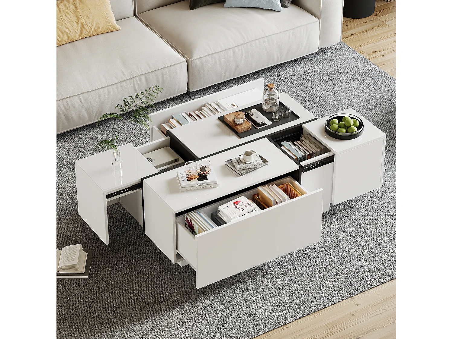 Moderne sofabord - 100 x 60 x 40 cm - stuebord med 4 skuffer - skydeplade - spånplade - hvid