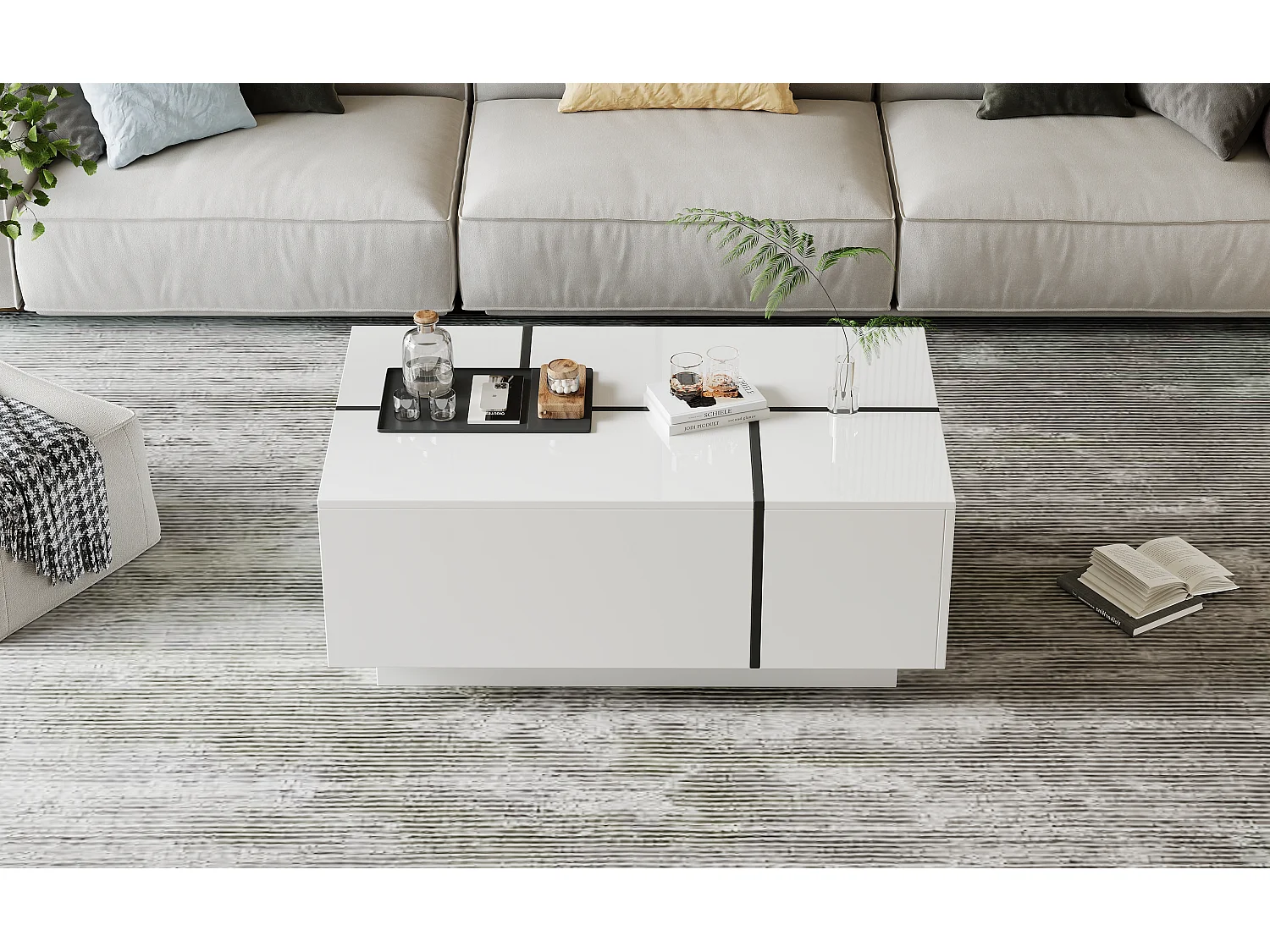 Moderne sofabord - 100 x 60 x 40 cm - stuebord med 4 skuffer - skydeplade - spånplade - hvid