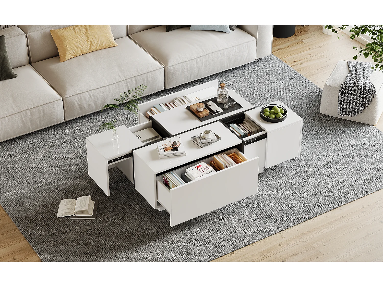 Moderne sofabord - 100 x 60 x 40 cm - stuebord med 4 skuffer - skydeplade - spånplade - hvid