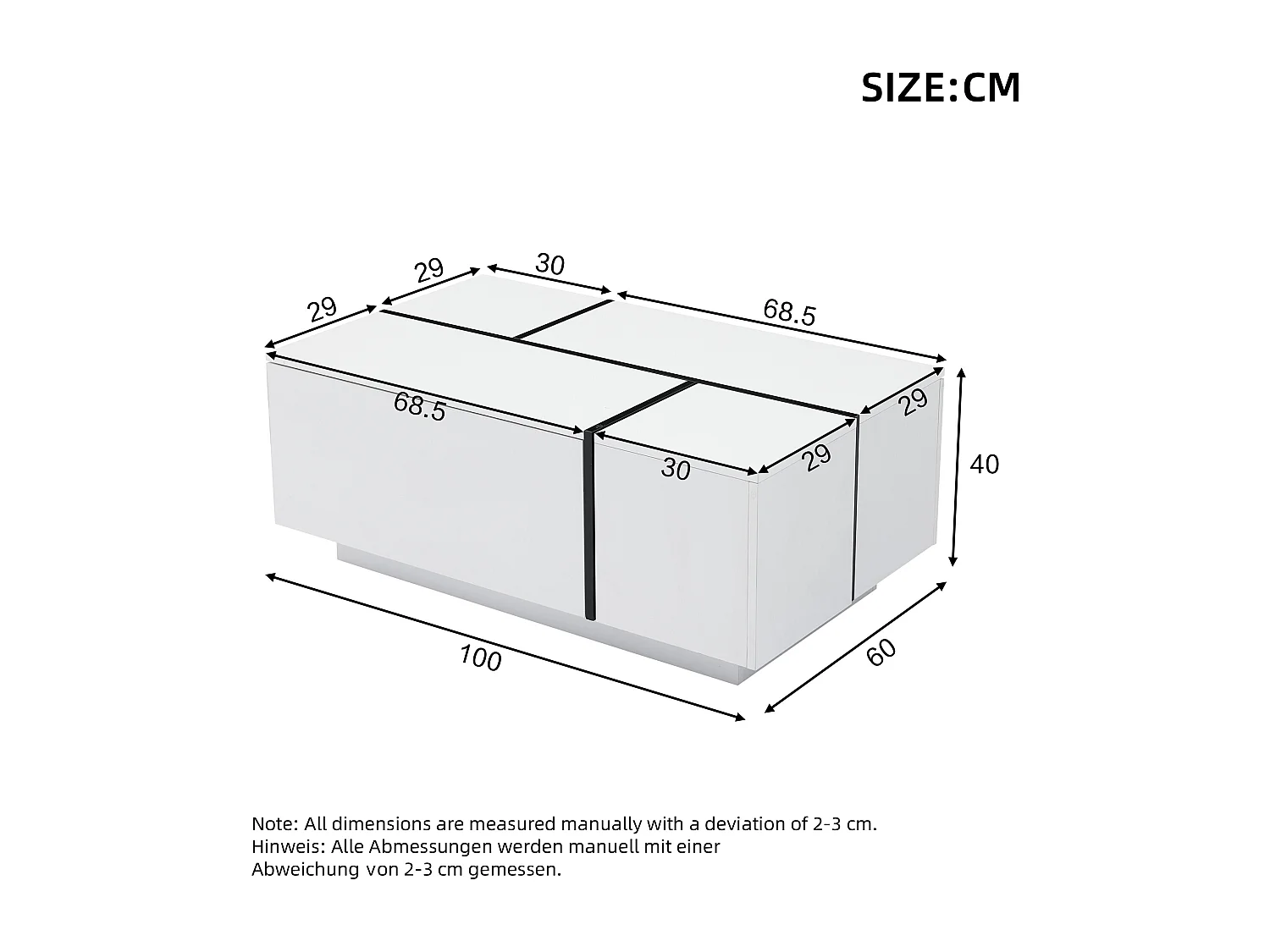 Moderne sofabord - 100 x 60 x 40 cm - stuebord med 4 skuffer - skydeplade - spånplade - hvid