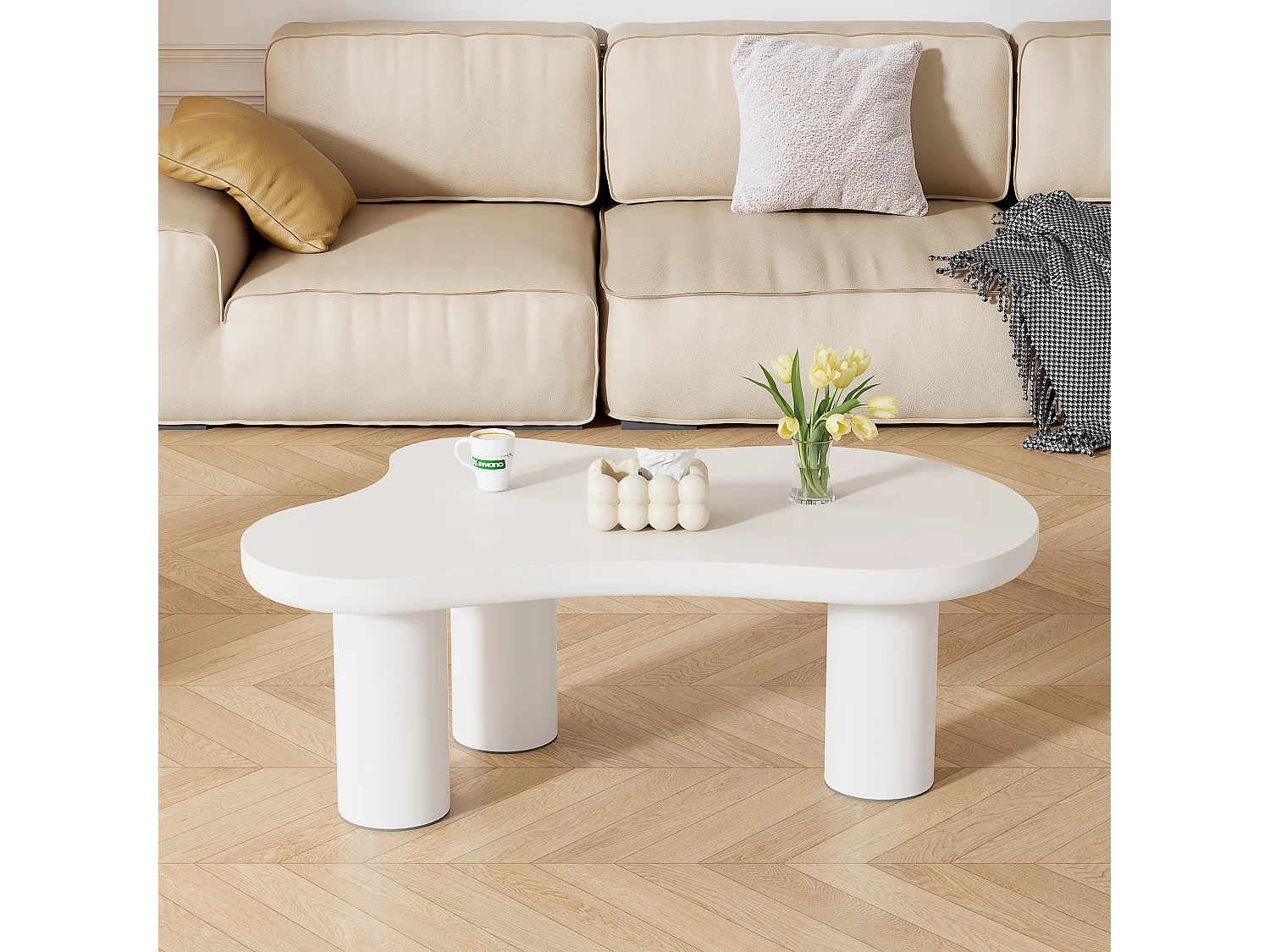 Unregelmäßiger Couchtisch in Wolkenform – 107 x 66,5 x 40,5 cm – MDF-Platte und PVC-Beine – weiß