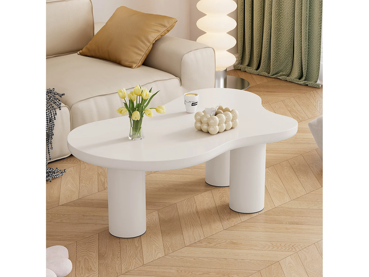 Unregelmäßiger Couchtisch in Wolkenform – 107 x 66,5 x 40,5 cm – MDF-Platte und PVC-Beine – weiß