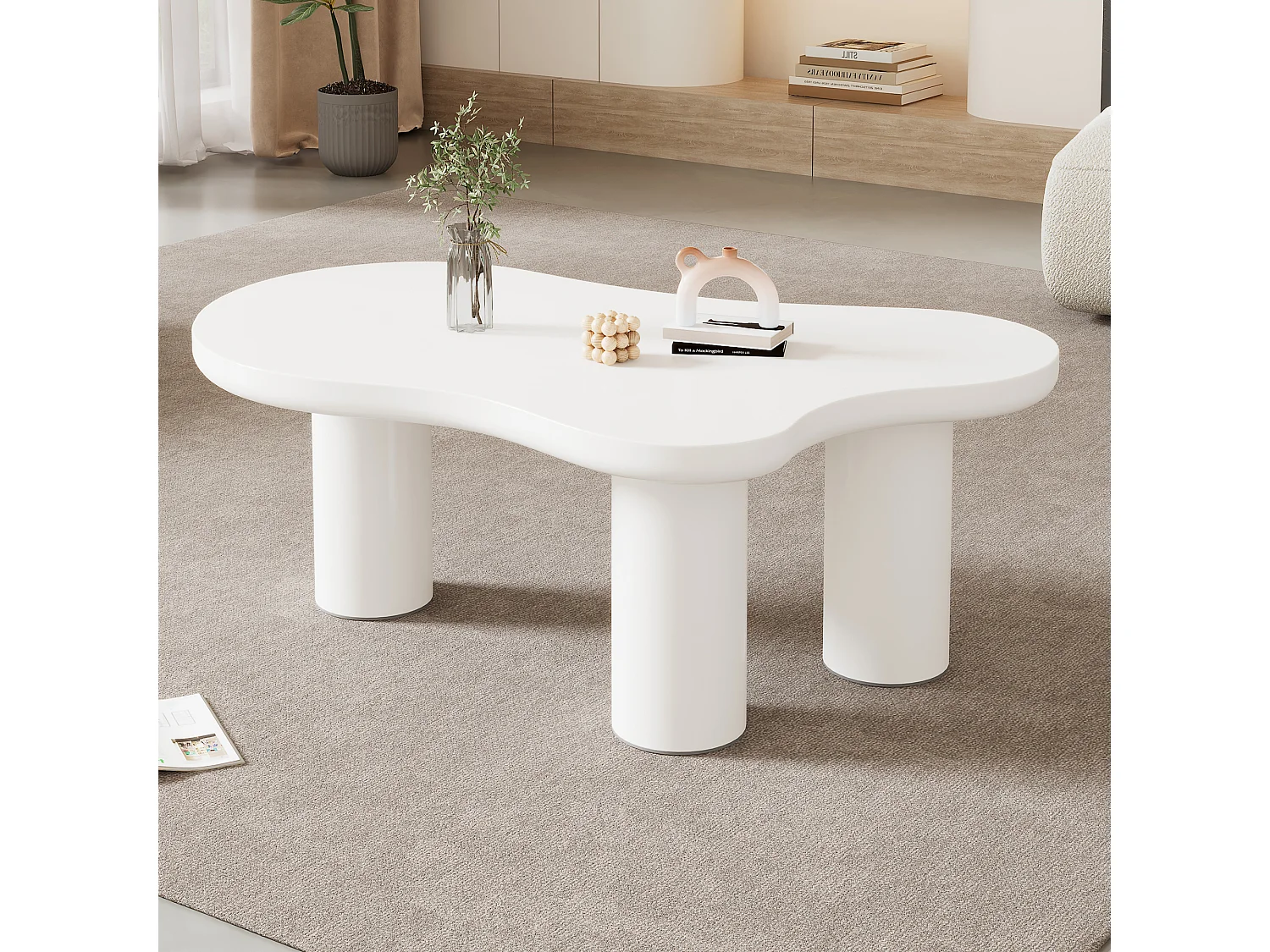 Unregelmäßiger Couchtisch in Wolkenform – 107 x 66,5 x 40,5 cm – MDF-Platte und PVC-Beine – weiß