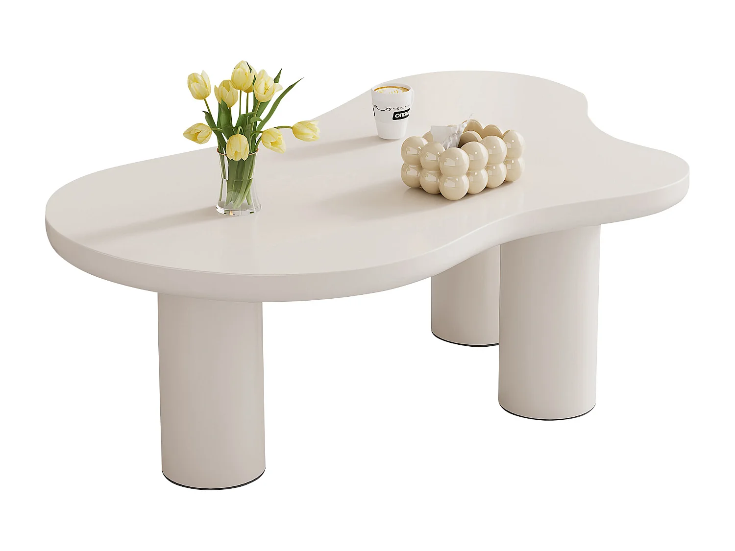 Unregelmäßiger Couchtisch in Wolkenform – 107 x 66,5 x 40,5 cm – MDF-Platte und PVC-Beine – weiß