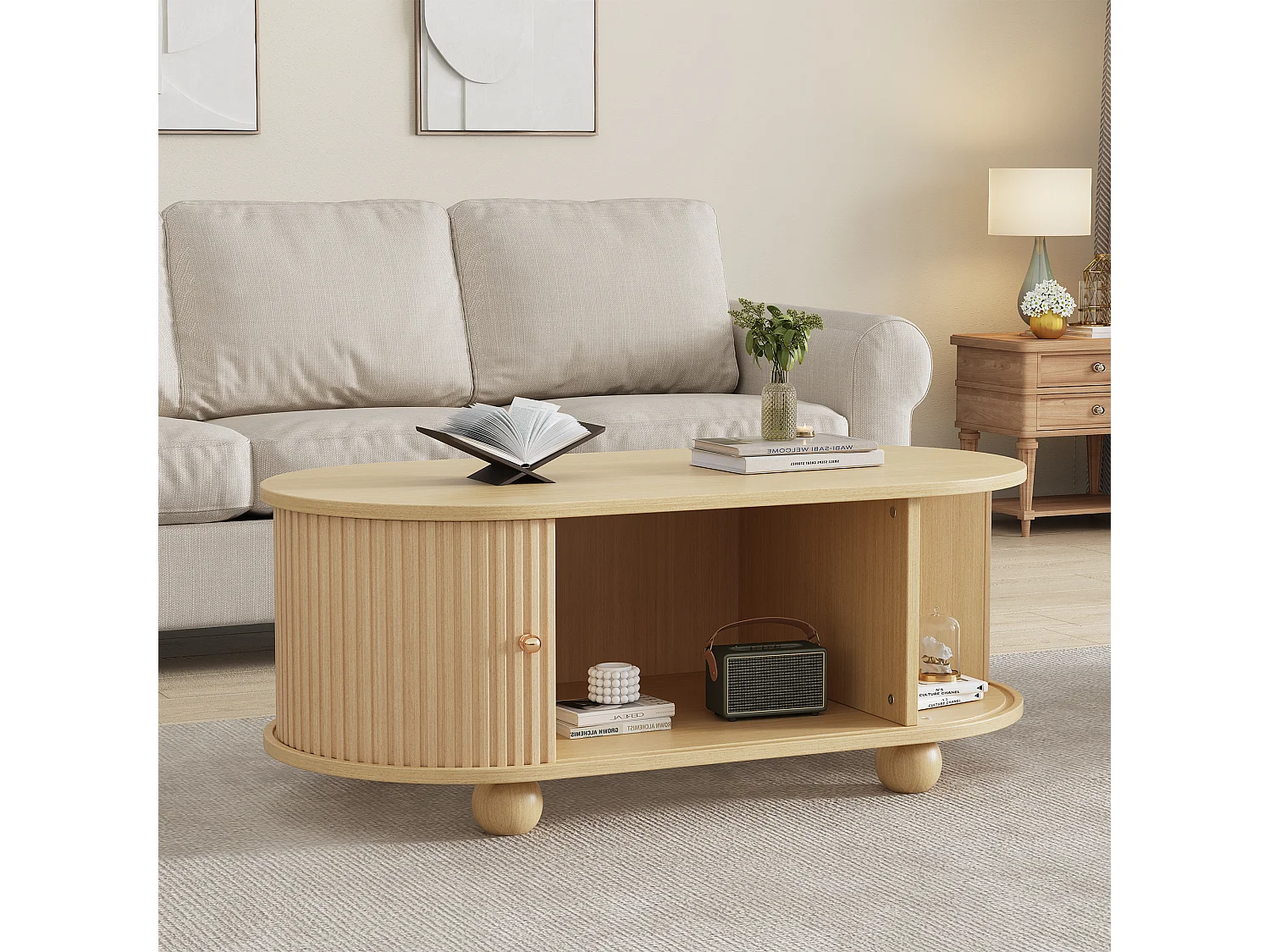 Mesa de centro oval com 2 portas de correr e compartimento - 100 x 50 x 40 cm - Madeira MDF - Cor madeira