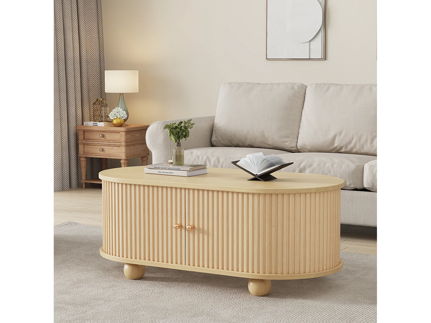 Mesa de centro oval com 2 portas de correr e compartimento - 100 x 50 x 40 cm - Madeira MDF - Cor madeira