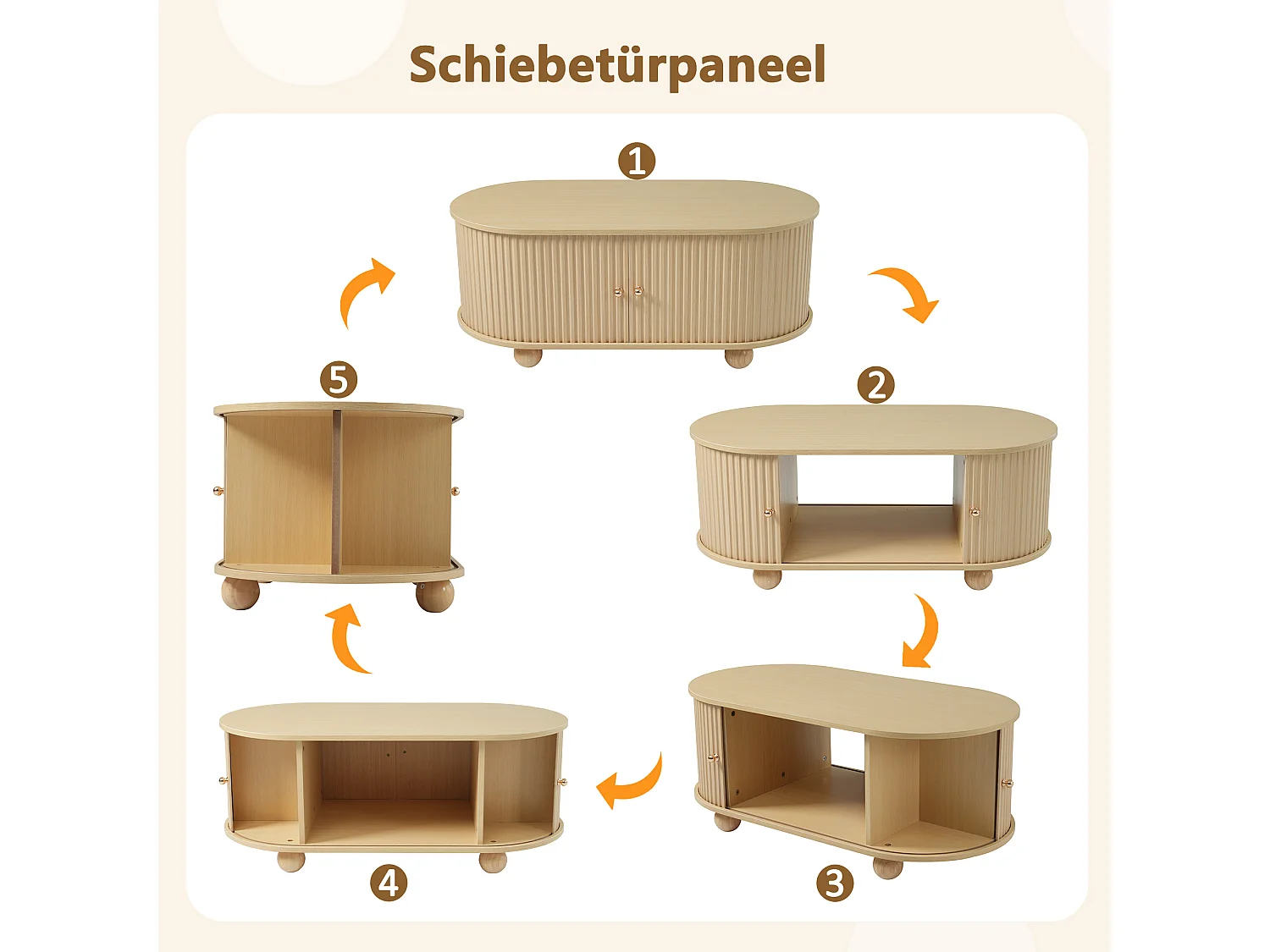 Mesa de centro oval com 2 portas de correr e compartimento - 100 x 50 x 40 cm - Madeira MDF - Cor madeira