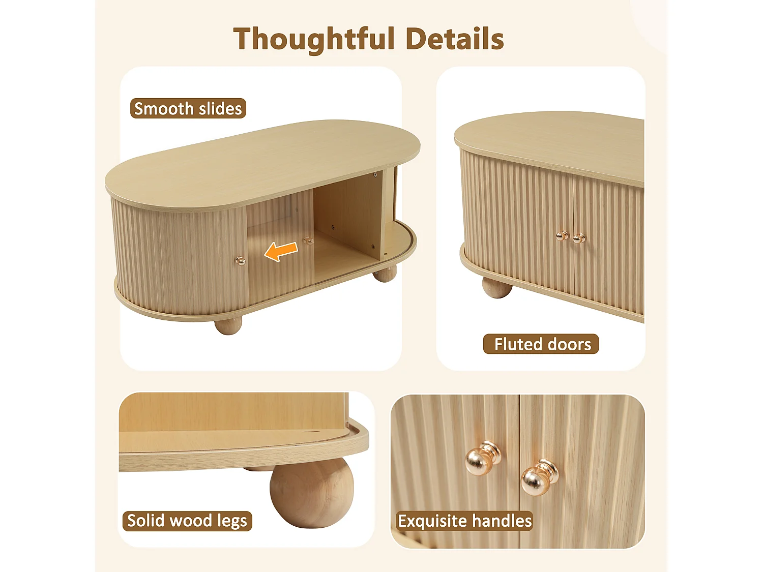 Mesa de centro oval com 2 portas de correr e compartimento - 100 x 50 x 40 cm - Madeira MDF - Cor madeira